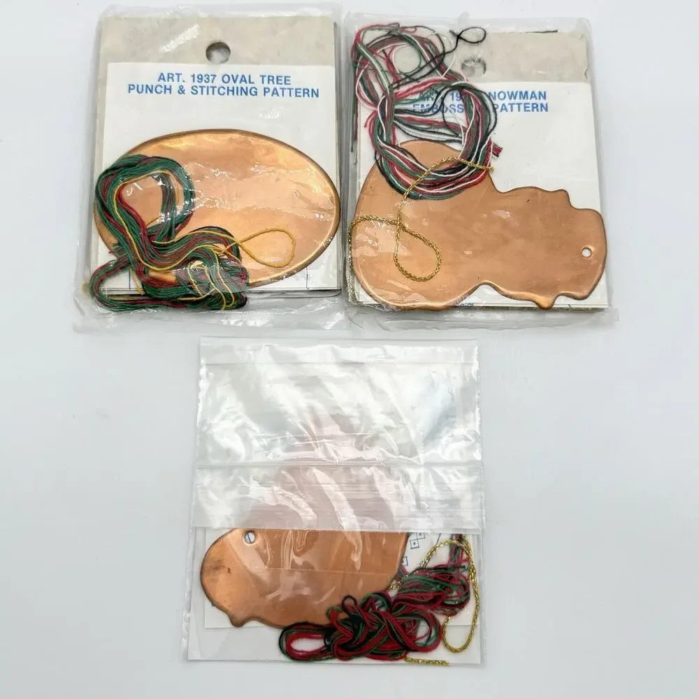 3 Vintage Copper Creations Punch and Stitch Cross Stitch Christmas Ornament Kits